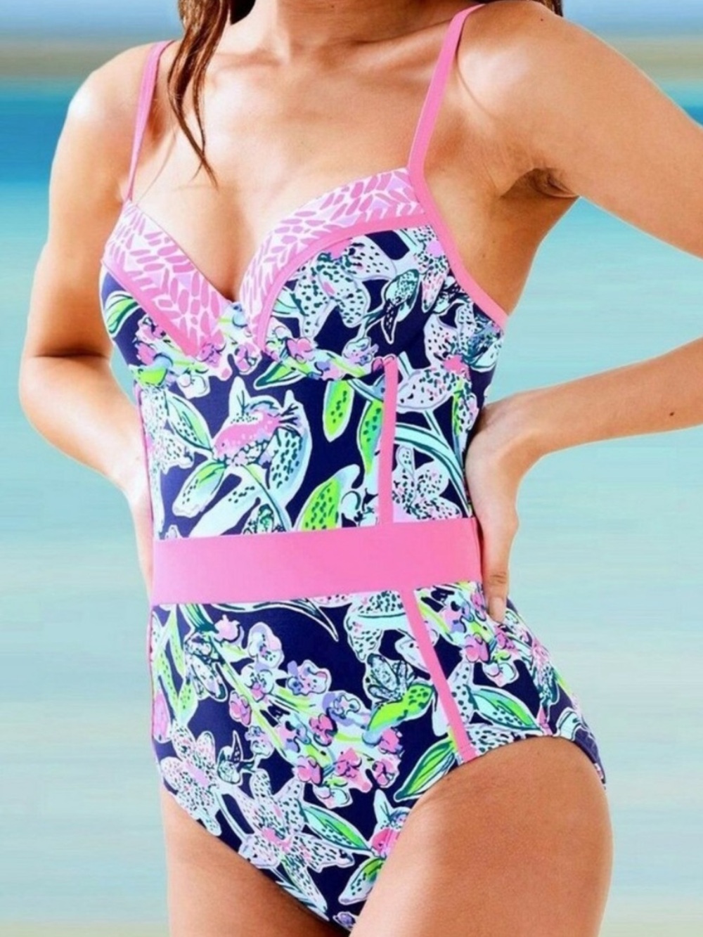 Lilly Pulitzer Palma Deep Sea Navy Sway This Way One-Piece Floral Swimsuit  10